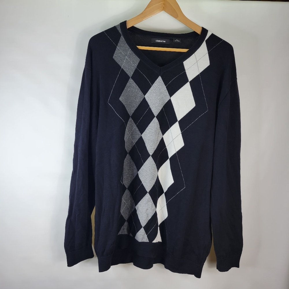 Claiborne Mens Argyle V-neck 100% Cotton Sweater Black and Gray Size XL
